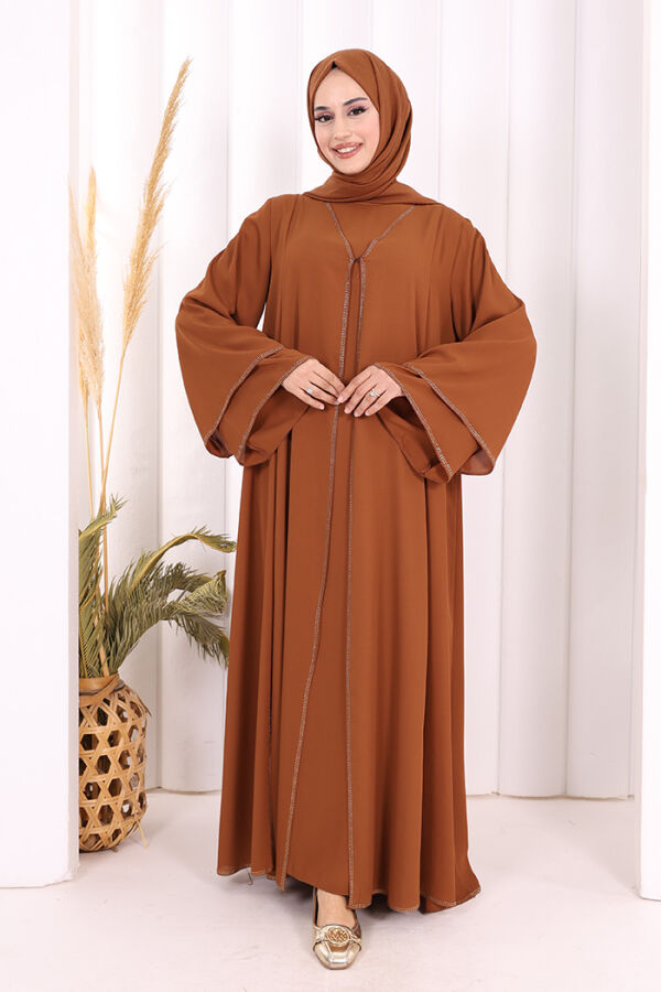 Taş İşleme Detaylı Elbise Abaya Takım 3873 Taba - 5
