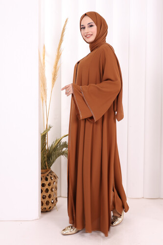 Taş İşleme Detaylı Elbise Abaya Takım 3873 Taba - 6