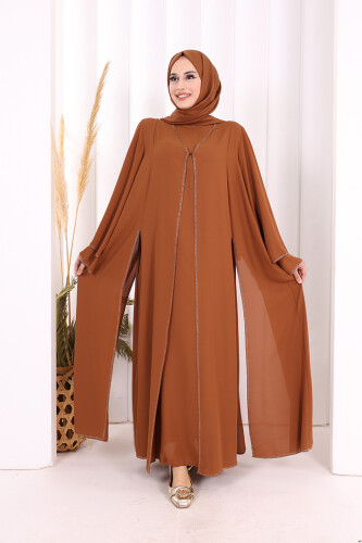 Taş İşleme Detaylı Elbise Abaya Takım 3873 Taba - 7
