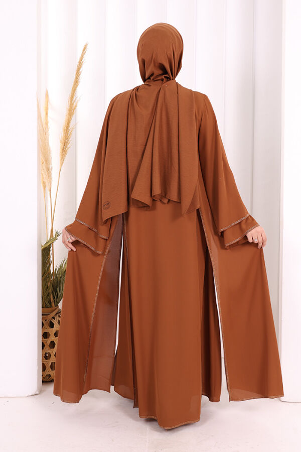 Taş İşleme Detaylı Elbise Abaya Takım 3873 Taba - 1