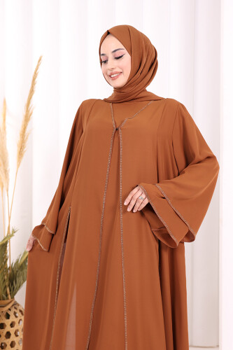 Taş İşleme Detaylı Elbise Abaya Takım 3873 Taba - 2