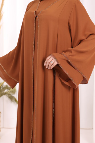 Taş İşleme Detaylı Elbise Abaya Takım 3873 Taba - 3