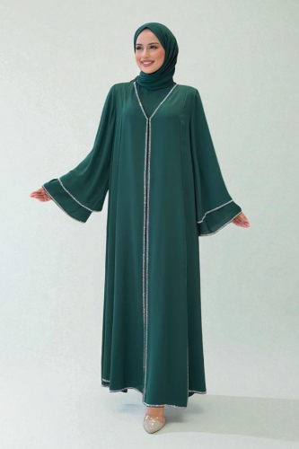Taş İşleme Detaylı Elbise Abaya Takım 3873 Zümrüt 