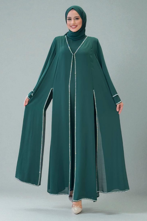 Taş İşleme Detaylı Elbise Abaya Takım 3873 Zümrüt - 3