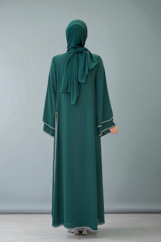Taş İşleme Detaylı Elbise Abaya Takım 3873 Zümrüt - 2