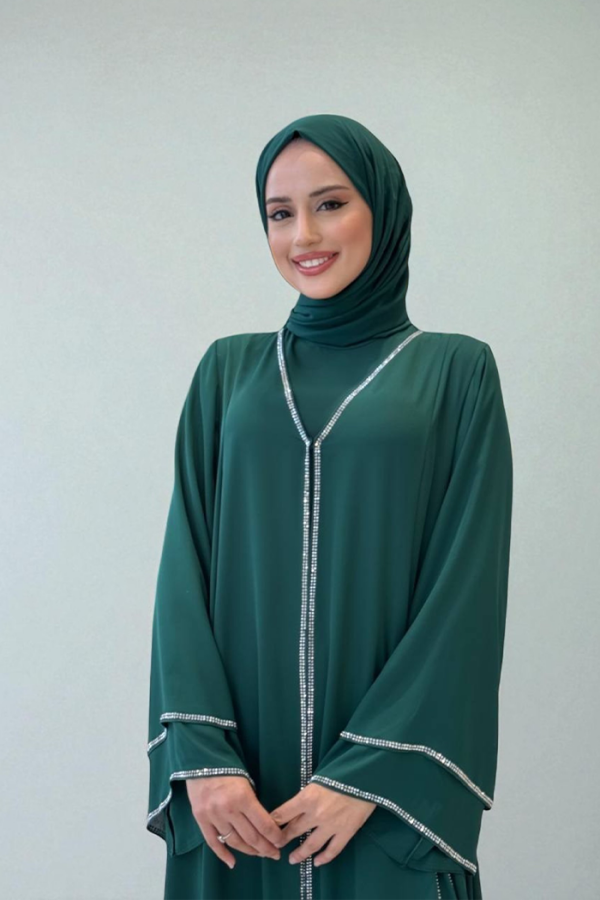 Taş İşleme Detaylı Elbise Abaya Takım 3873 Zümrüt - 4
