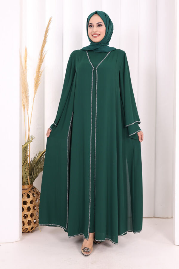 Taş İşleme Detaylı Elbise Abaya Takım 3873 Zümrüt - 1