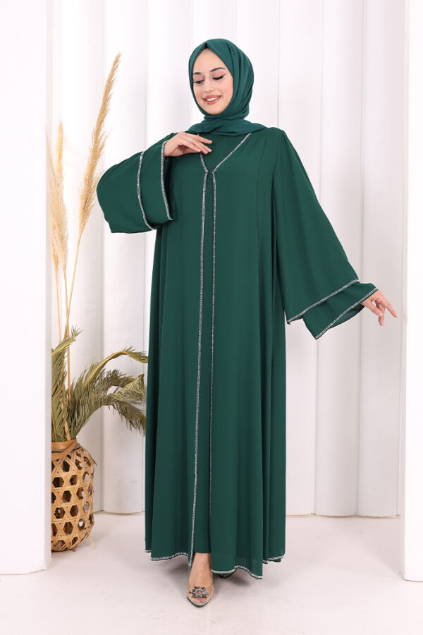 Taş İşleme Detaylı Elbise Abaya Takım 3873 Zümrüt - 2