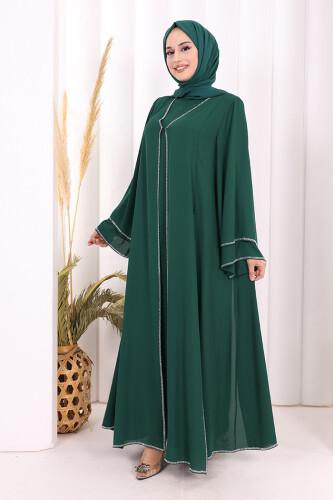 Taş İşleme Detaylı Elbise Abaya Takım 3873 Zümrüt - 3