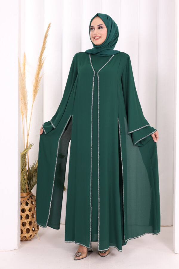 Taş İşleme Detaylı Elbise Abaya Takım 3873 Zümrüt - 4