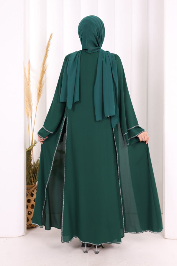 Taş İşleme Detaylı Elbise Abaya Takım 3873 Zümrüt - 5