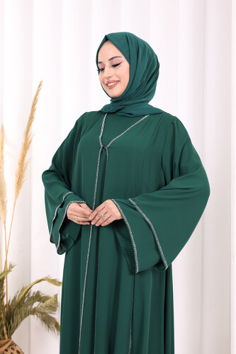 Taş İşleme Detaylı Elbise Abaya Takım 3873 Zümrüt - 6