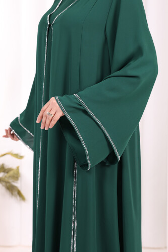 Taş İşleme Detaylı Elbise Abaya Takım 3873 Zümrüt - 7