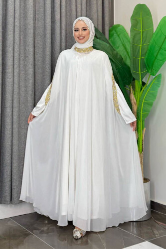 Taş İşleme Detaylı Elbiseli Pelerin Takım 3875 Ekru - Bym Fashion