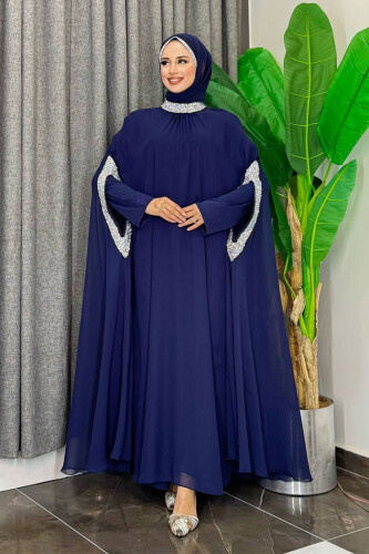 Taş İşleme Detaylı Elbiseli Pelerin Takım 3875 Lacivert - Bym Fashion