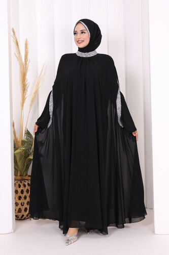Taş İşleme Detaylı Elbiseli Pelerin Takım 3875 Siyah - Bym Fashion