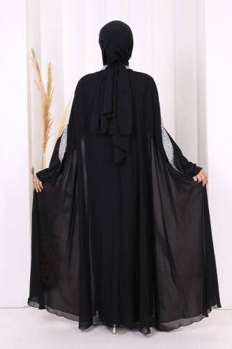 Taş İşleme Detaylı Elbiseli Pelerin Takım 3875 Siyah - 3