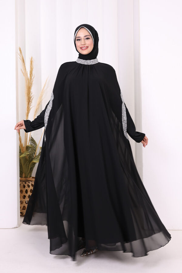 Taş İşleme Detaylı Elbiseli Pelerin Takım 3875 Siyah - 4
