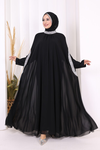 Taş İşleme Detaylı Elbiseli Pelerin Takım 3875 Siyah - 5