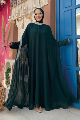 Taş İşleme Detaylı Elbiseli Pelerin Takım 3875 Zümrüt - Bym Fashion