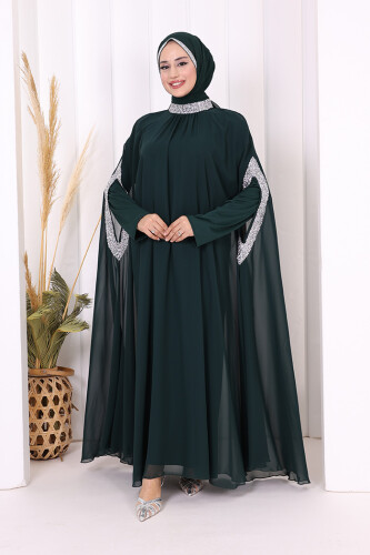 Taş İşleme Detaylı Elbiseli Pelerin Takım 3875 Zümrüt - Bym Fashion