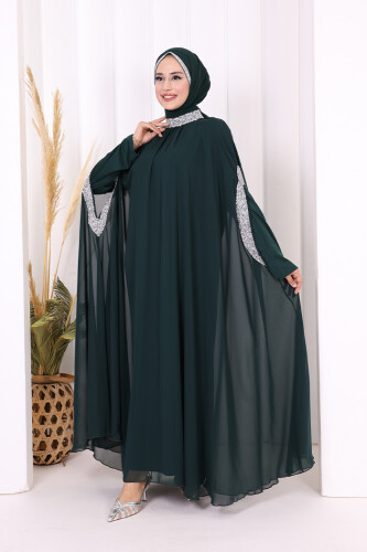 Taş İşleme Detaylı Elbiseli Pelerin Takım 3875 Zümrüt - 2