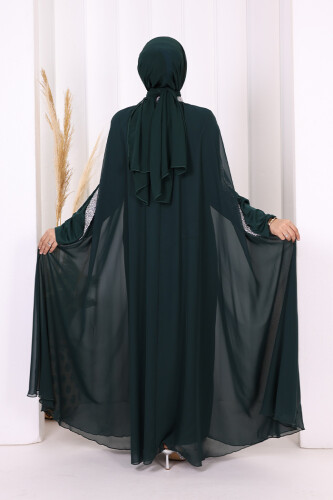 Taş İşleme Detaylı Elbiseli Pelerin Takım 3875 Zümrüt - 3