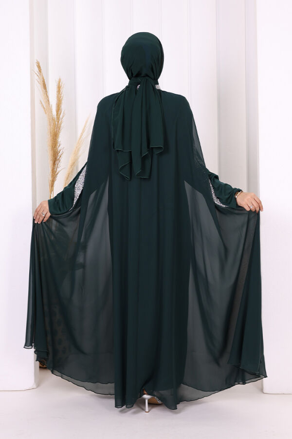 Taş İşleme Detaylı Elbiseli Pelerin Takım 3875 Zümrüt - 3