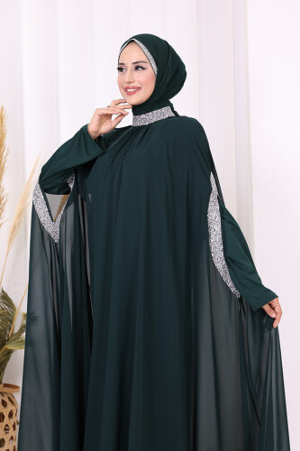 Taş İşleme Detaylı Elbiseli Pelerin Takım 3875 Zümrüt - 4