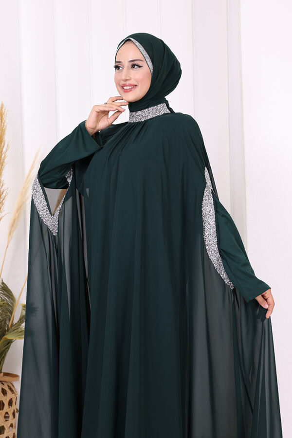 Taş İşleme Detaylı Elbiseli Pelerin Takım 3875 Zümrüt - 4