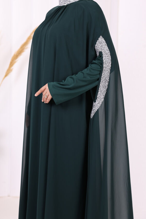 Taş İşleme Detaylı Elbiseli Pelerin Takım 3875 Zümrüt - 5