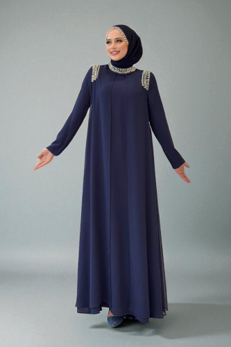 Boyun ve Omuz Kısmı Taş Detay Elbise 3876 Lacivert - Bym Fashion