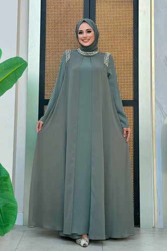 Boyun ve Omuz Kısmı Taş Detay Elbise 3876 Mint - Bym Fashion