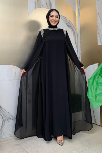 Boyun ve Omuz Kısmı Taş Detay Elbise 3876 Siyah - Bym Fashion