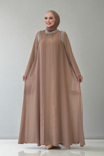 Boyun ve Omuz Kısmı Taş Detay Elbise 3876 Vizon - Bym Fashion