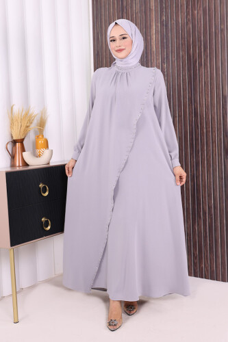 Çapraz Parça Görünümlü İncili Elbise 3879 Gri - 1