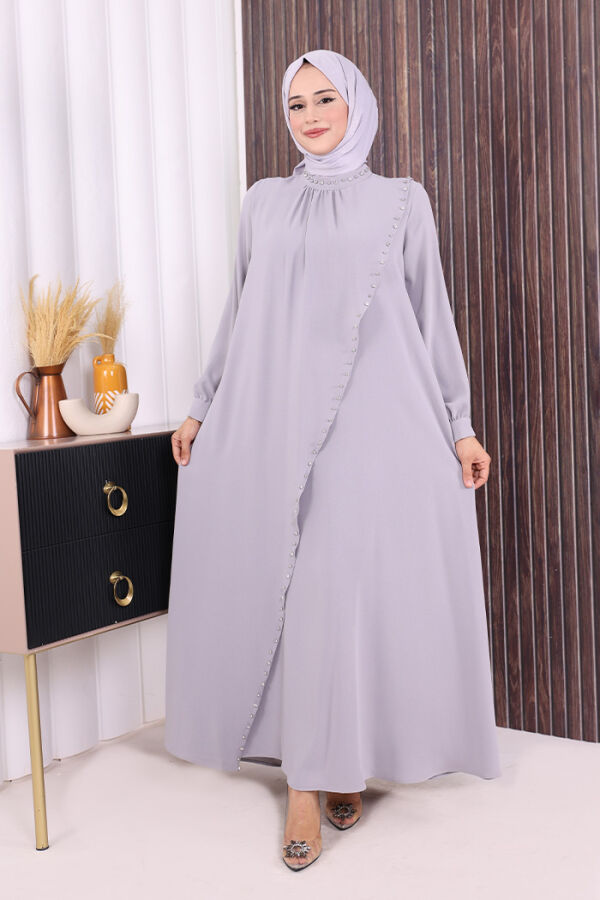 Çapraz Parça Görünümlü İncili Elbise 3879 Gri - 1