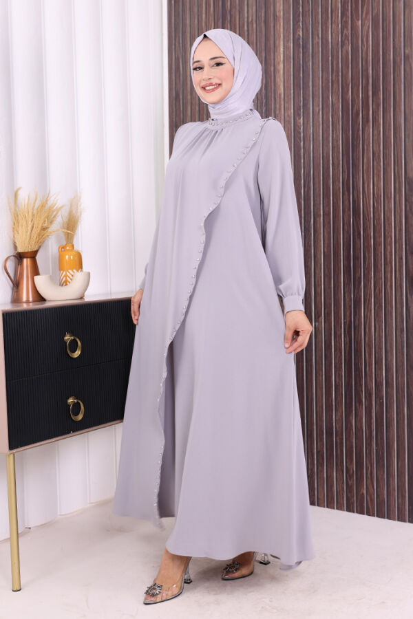 Çapraz Parça Görünümlü İncili Elbise 3879 Gri - 2