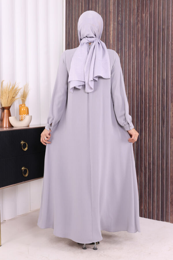 Çapraz Parça Görünümlü İncili Elbise 3879 Gri - 3