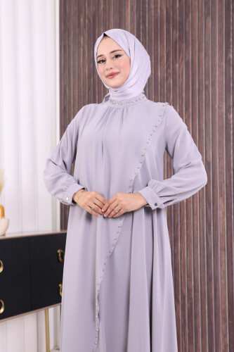 Çapraz Parça Görünümlü İncili Elbise 3879 Gri - 4