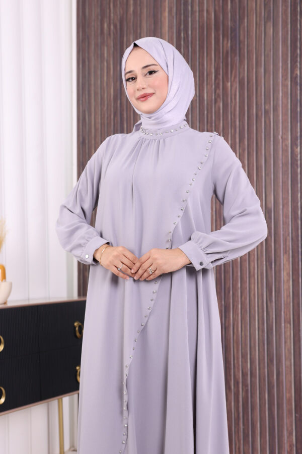 Çapraz Parça Görünümlü İncili Elbise 3879 Gri - 4