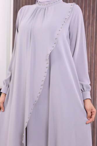 Çapraz Parça Görünümlü İncili Elbise 3879 Gri - 5