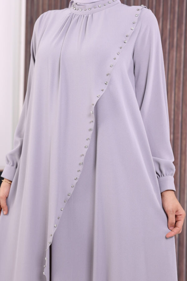 Çapraz Parça Görünümlü İncili Elbise 3879 Gri - 5