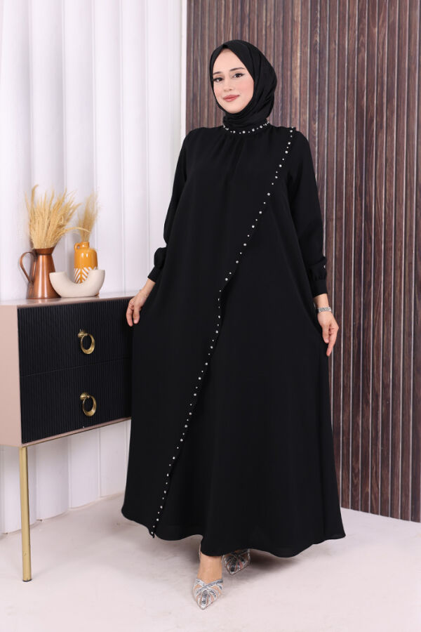 Çapraz Parça Görünümlü İncili Elbise 3879 Siyah - 1