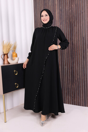 Çapraz Parça Görünümlü İncili Elbise 3879 Siyah - 2