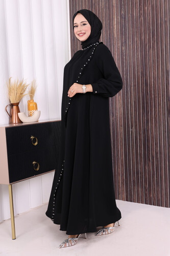 Çapraz Parça Görünümlü İncili Elbise 3879 Siyah - 3