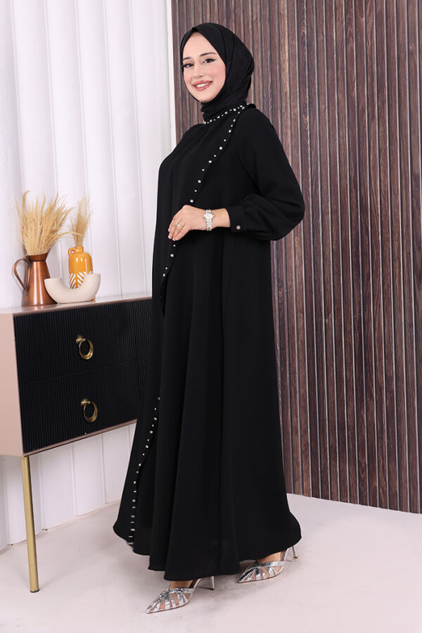 Çapraz Parça Görünümlü İncili Elbise 3879 Siyah - 3