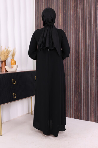 Çapraz Parça Görünümlü İncili Elbise 3879 Siyah - 4