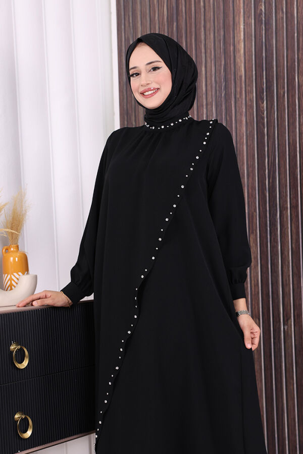 Çapraz Parça Görünümlü İncili Elbise 3879 Siyah - 5