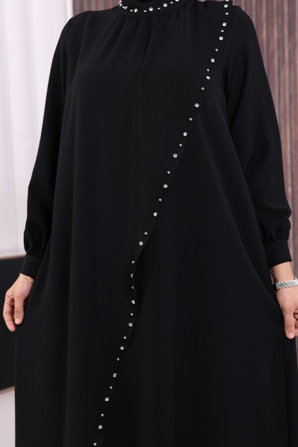 Çapraz Parça Görünümlü İncili Elbise 3879 Siyah - 6